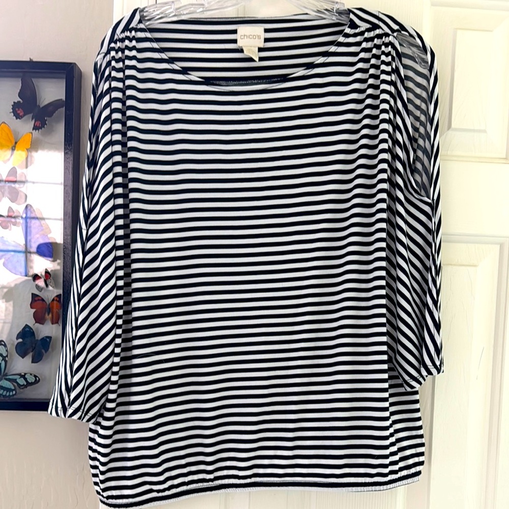 Chico's Black and White Striped Cold Shoulder 3/4 Sleeve Top Size 2